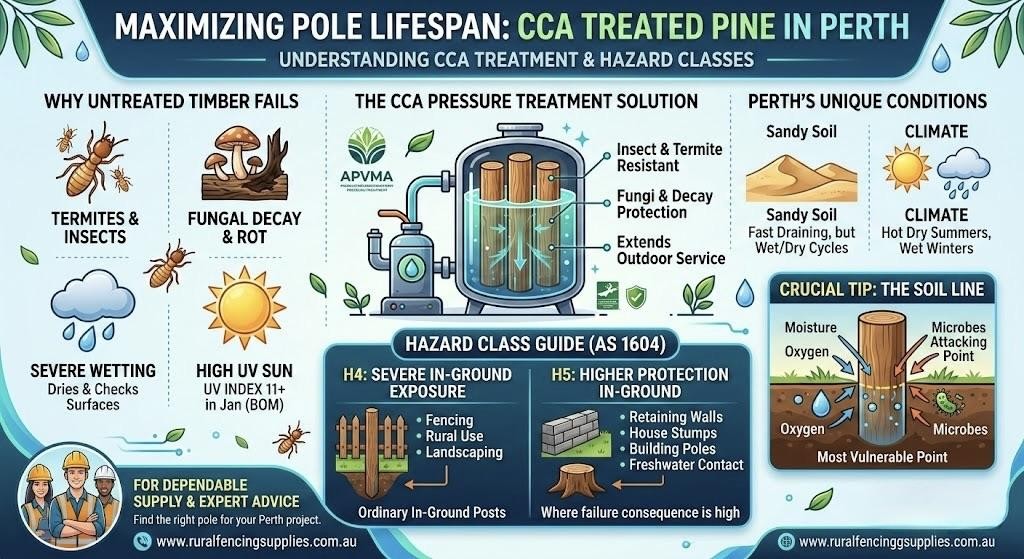 Illustration showing techniques for maximizing utility pole lifespan and durability