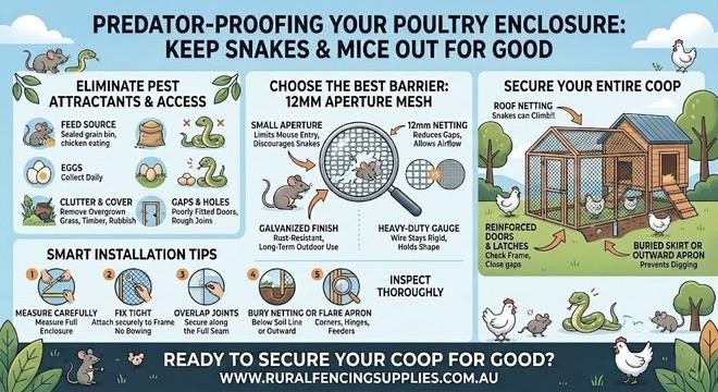 Illustration of predator proof poultry enclosure with secure wire mesh fencing